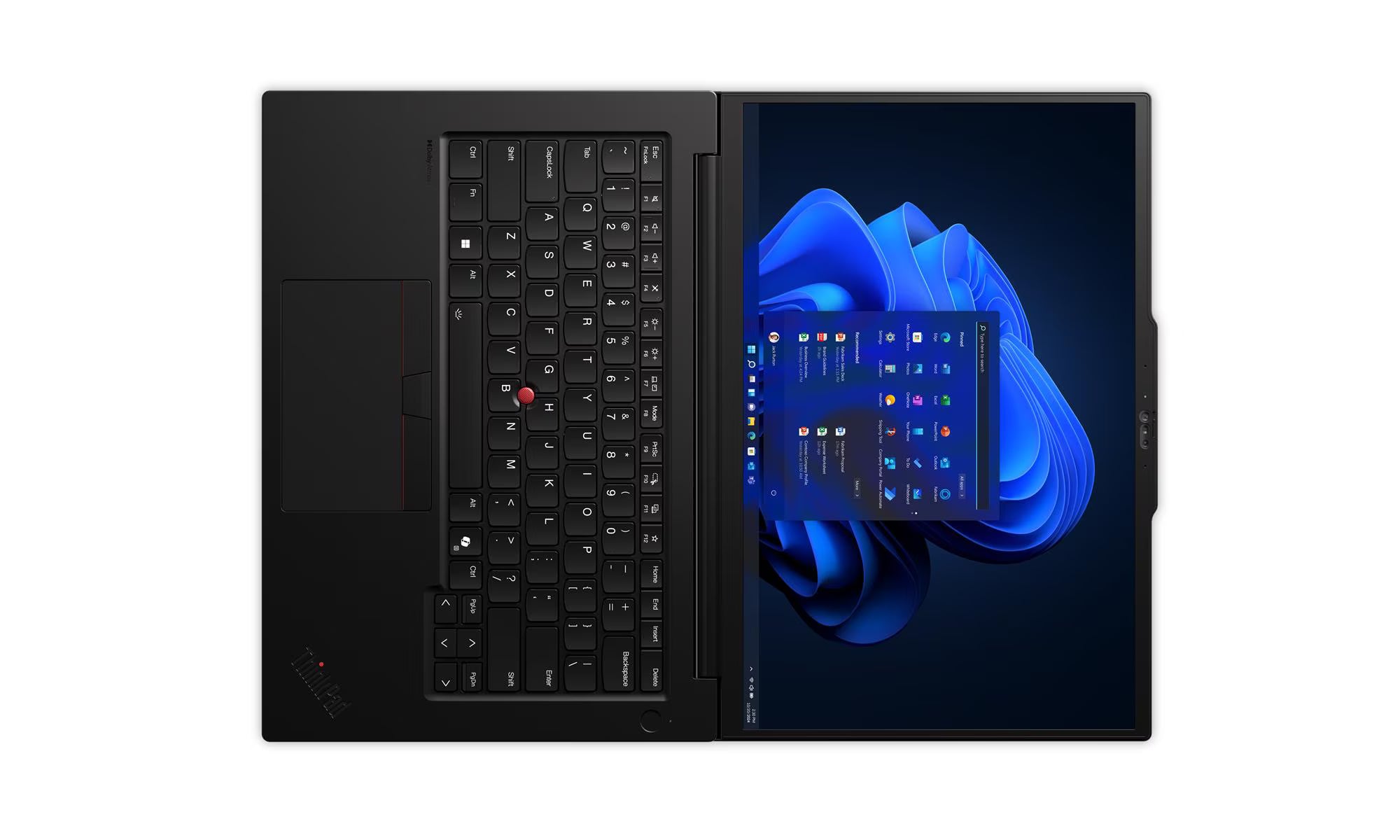 Black laptop with a visible keyboard and screen displaying abstract blue design on a white background