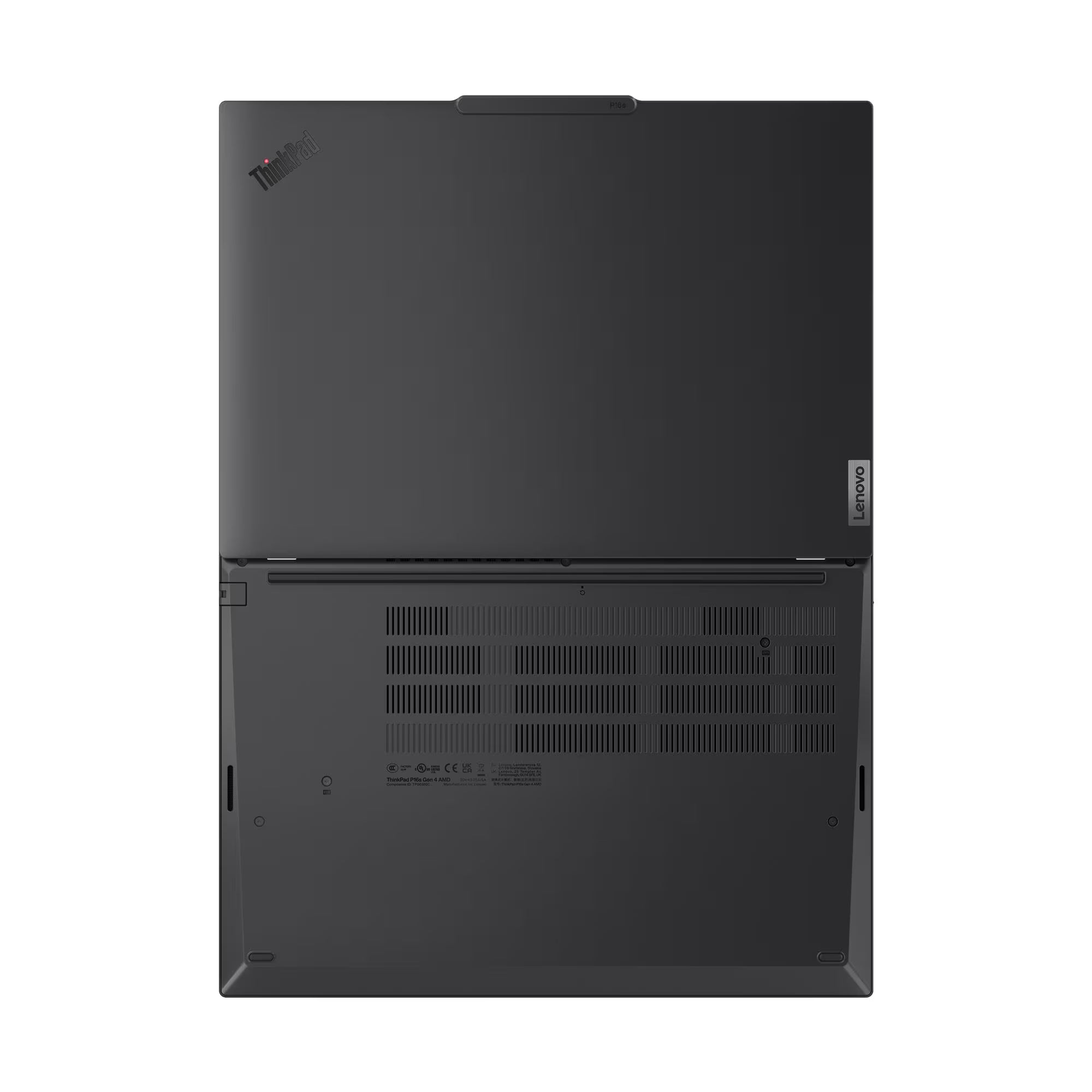 The back view of a Lenovo ThinkPad laptop, showing the matte black chassis, ventilation grilles, and the small Lenovo logo on the right side.