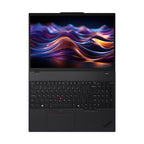 Black ThinkPad laptop with colorful display on a white background