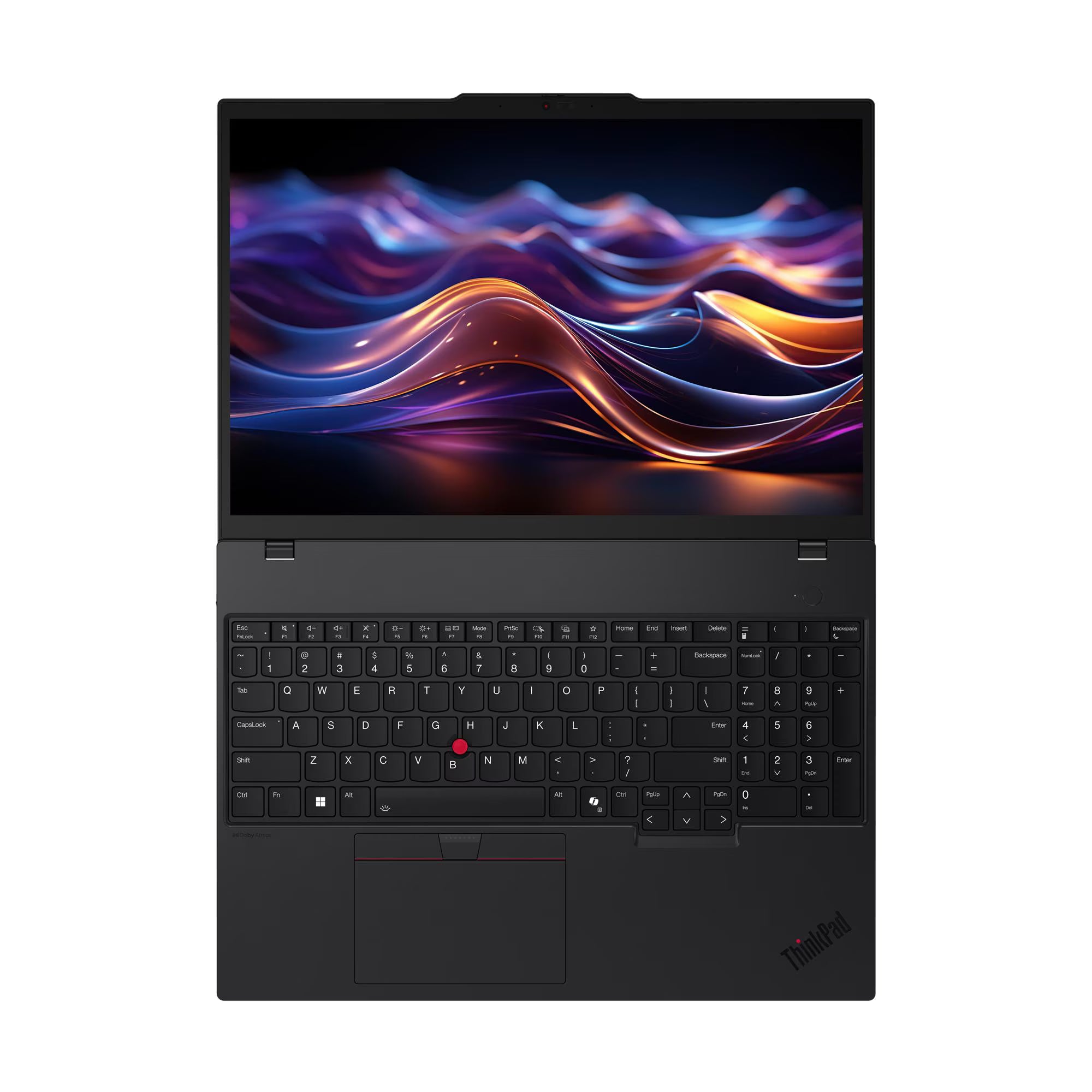 Black ThinkPad laptop with colorful display on a white background