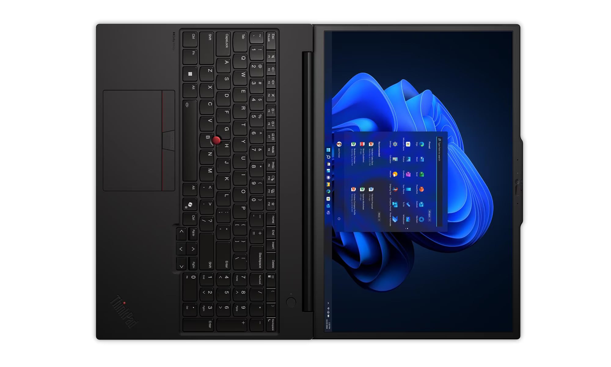 Laptop with a dark keyboard and screen displaying a blue abstract design on a white background