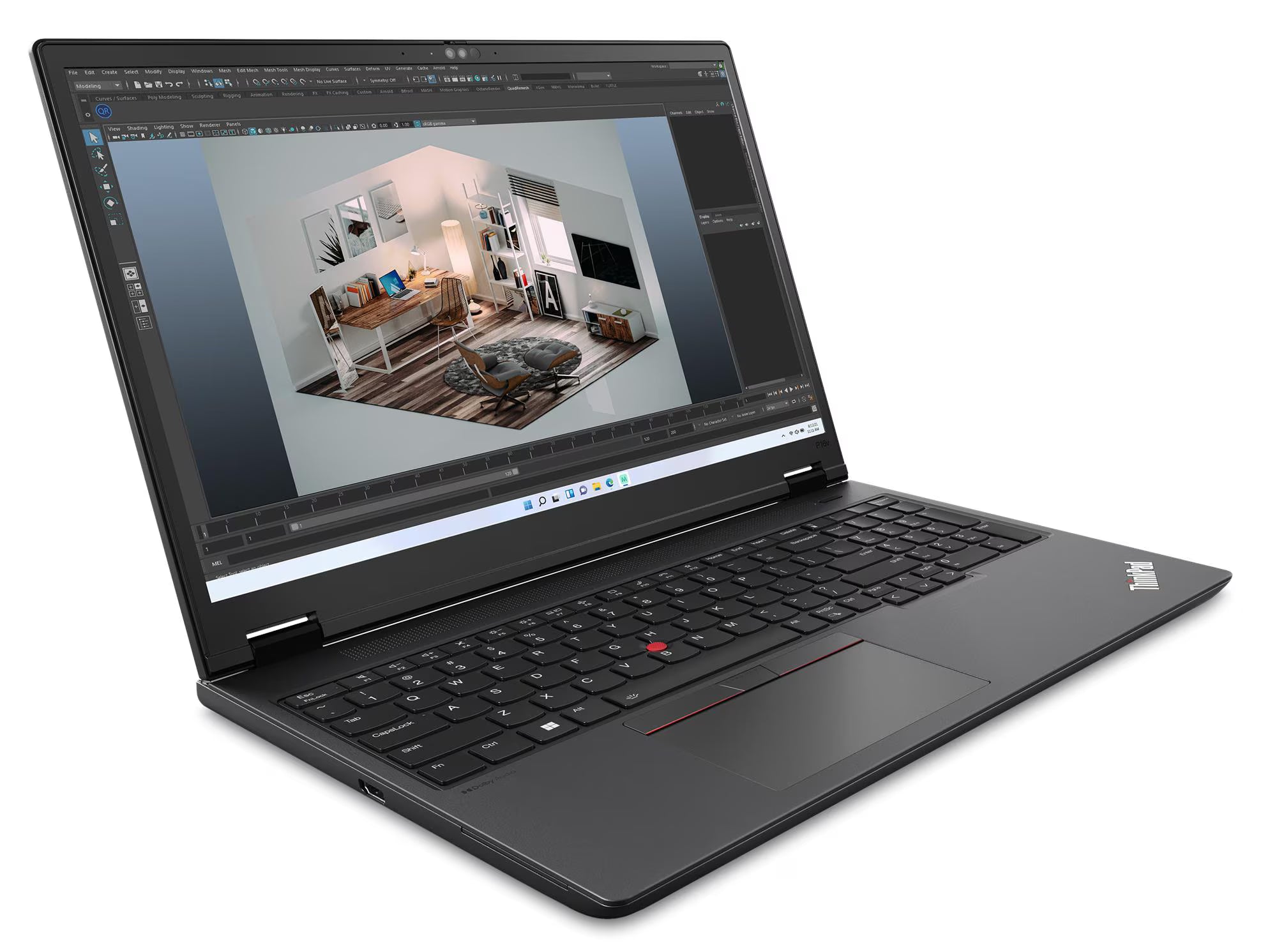Laptop displaying a 3D rendering of a living room on a white background