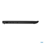 Side view of a black laptop on a white background with Intel logo.