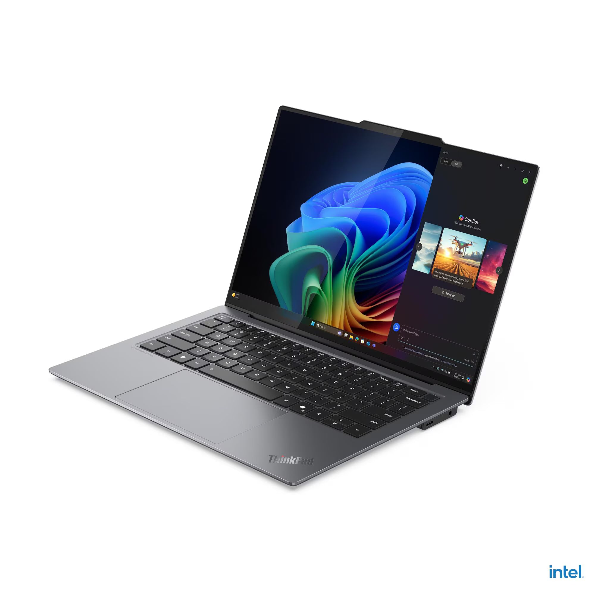Open laptop displaying colorful screen on a white background