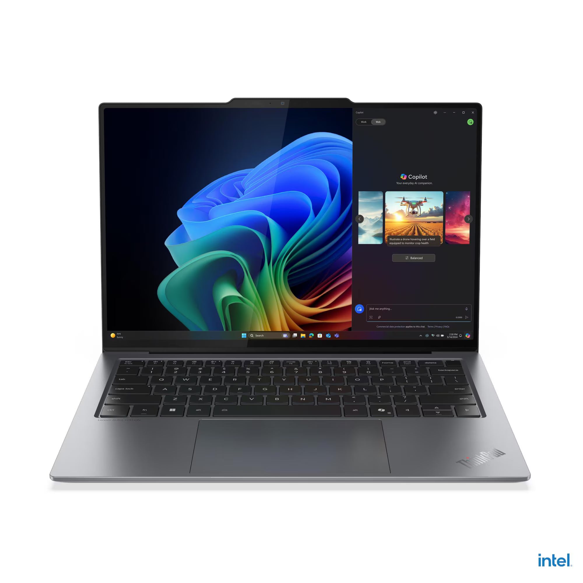 Laptop with colorful display and Intel logo on a white background