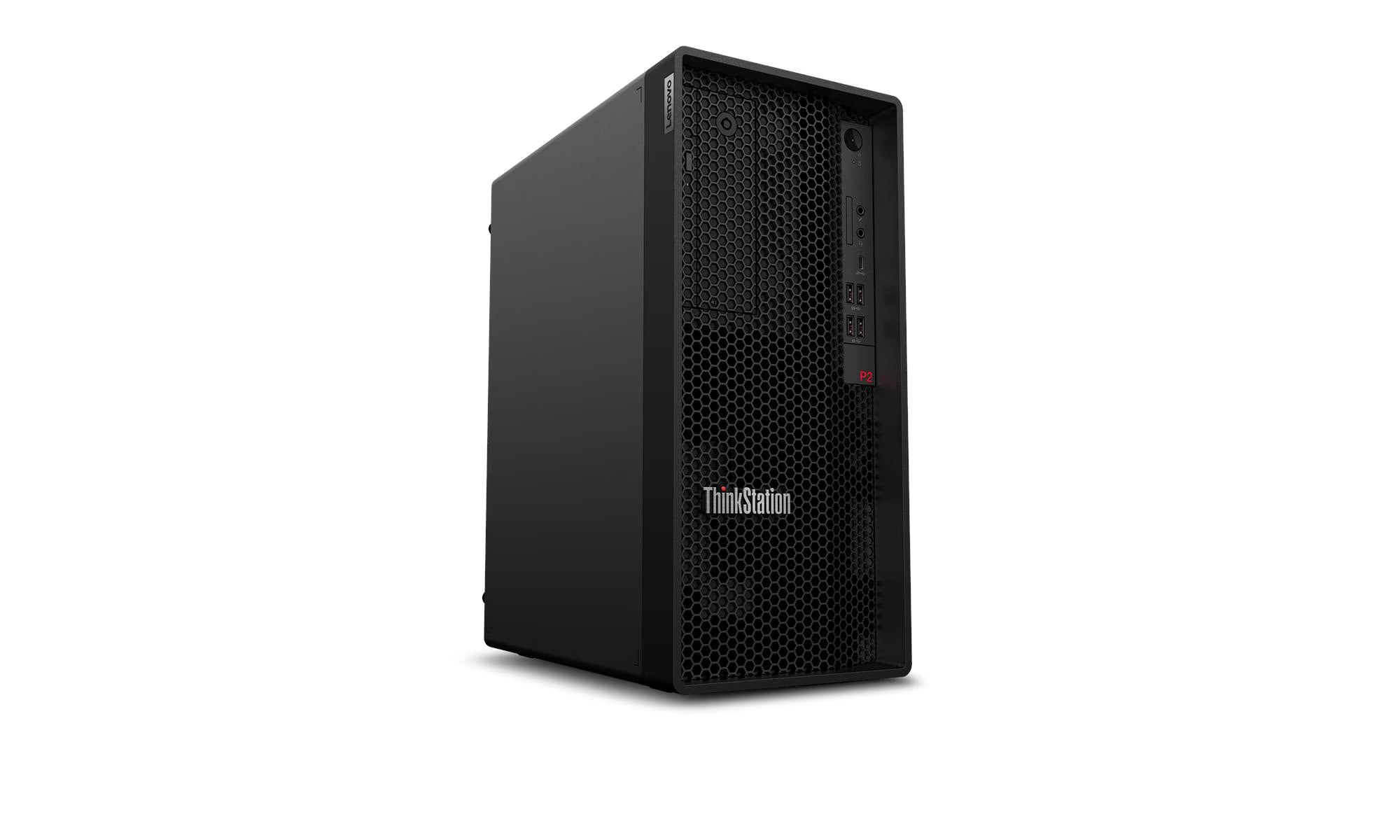 A black Lenovo ThinkStation desktop tower computer shown at a three-quarter angle on a clean white background.