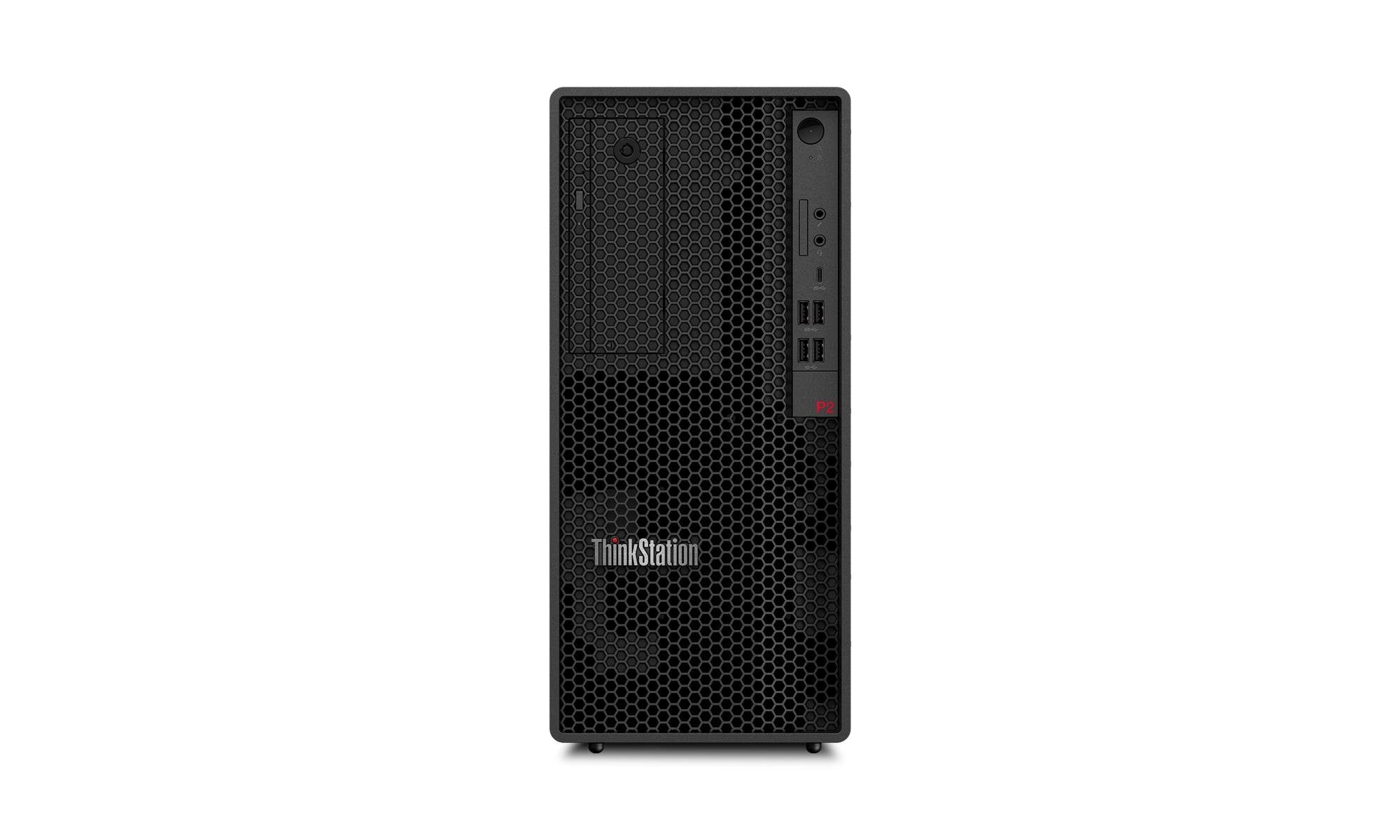 Black computer tower with ThinkStation logo on a white background