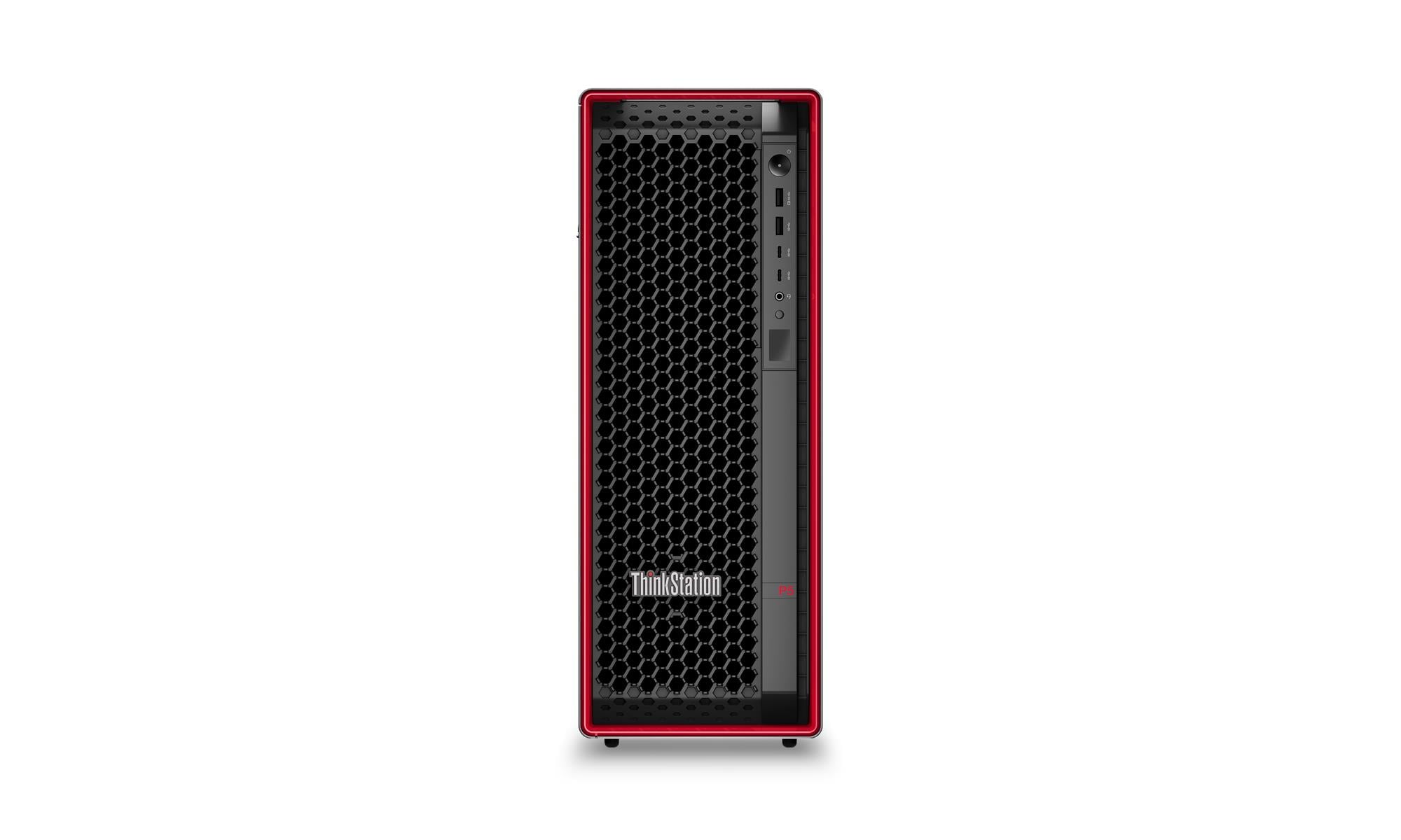 ThinkStation desktop tower computer in black with a red front frame and a honeycomb grille, shown on a plain white background.