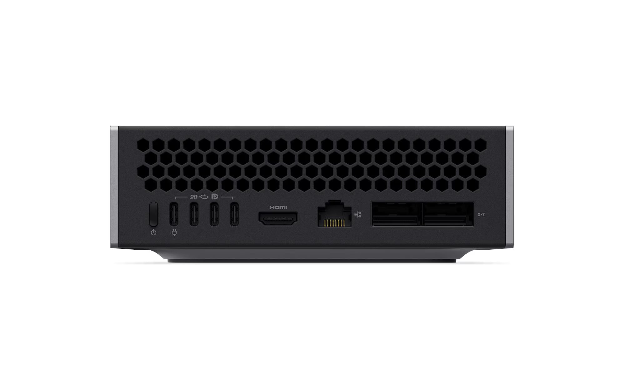 Back view of a black electronic device with honeycomb design on a white background