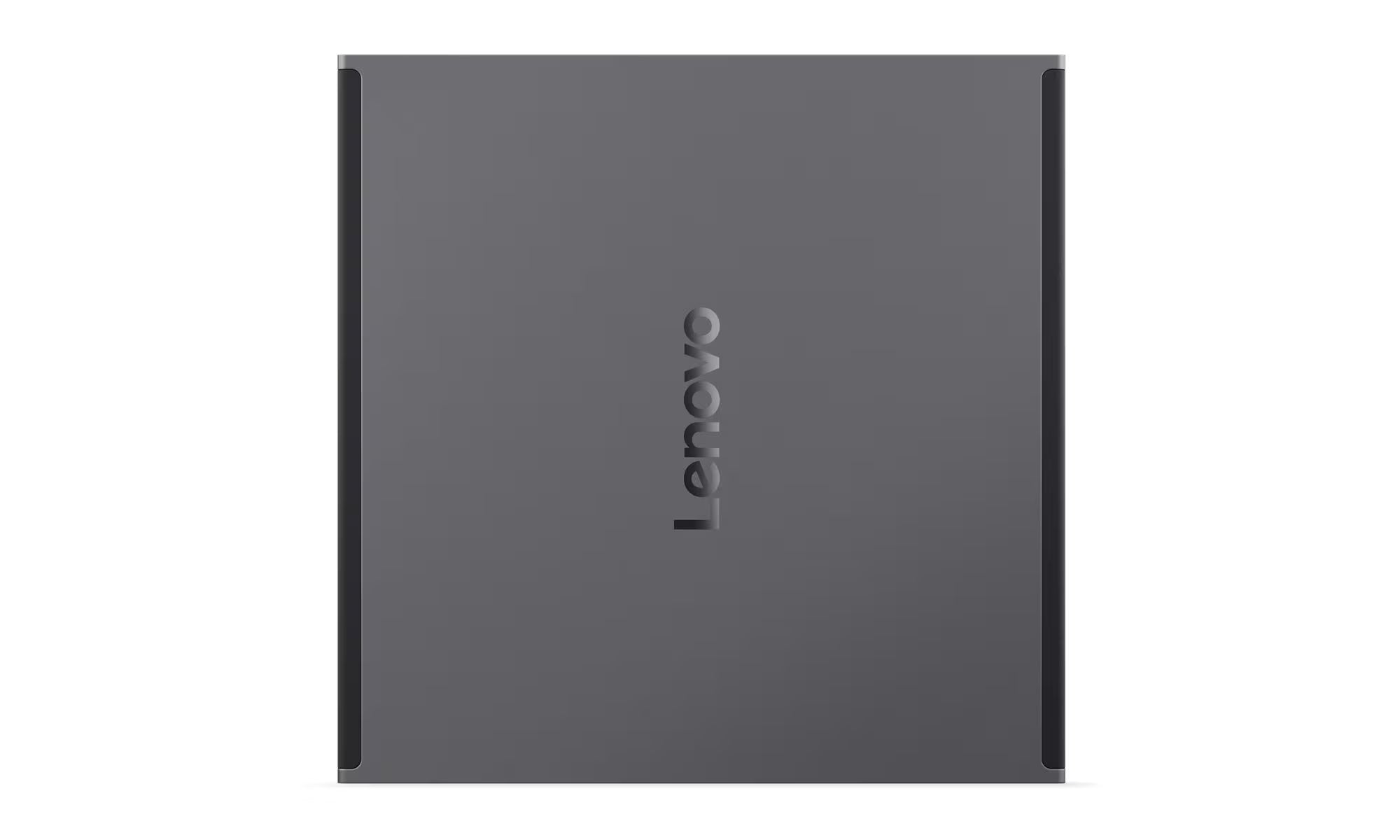 A dark gray Lenovo laptop lid or enclosure shown from above on a plain white background, with the Lenovo logo centered.