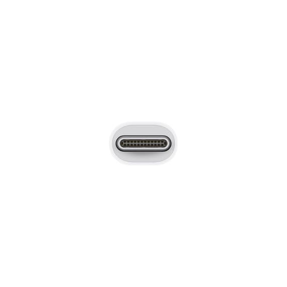 A close-up of a USB-C connector port on a white device, centered on a solid white background.