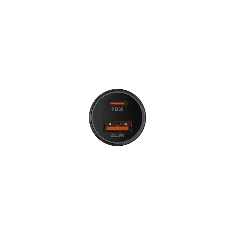 A circular black 2-port USB charger with two USB-A ports featuring orange accents and white text reading 'PD30' and '22.5W'.
