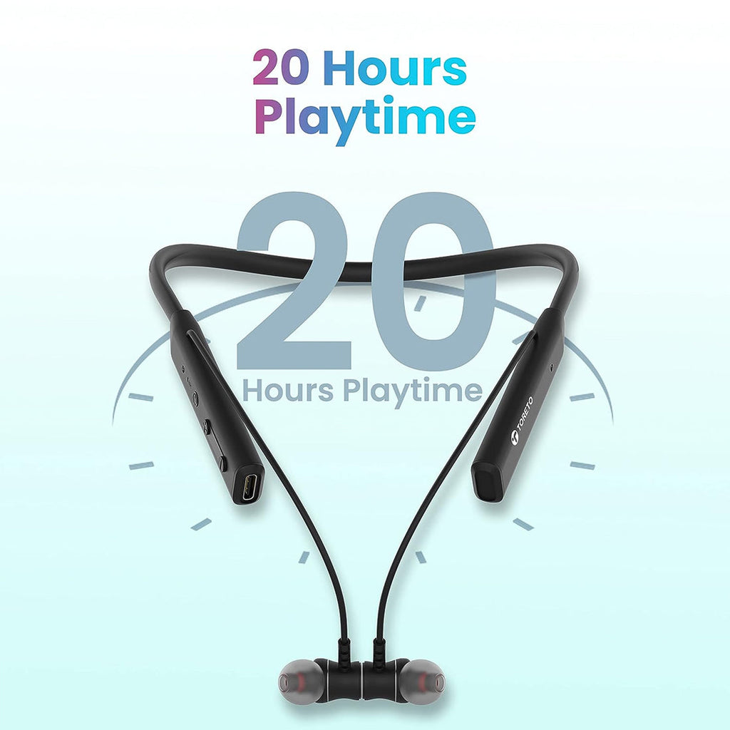 Toreto TOR-300 Beta Lite Wireless Bluetooth 5.0 Neckband Headset with ENC Noise Cancelling Mic Upto 20Hrs Playtime - Black