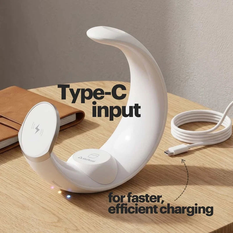 White charging dock with Type-C input on a wooden surface