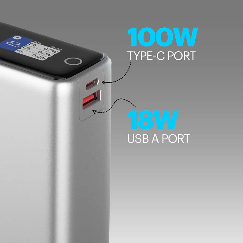 Power bank with Type-C and USB-A ports on a gray background