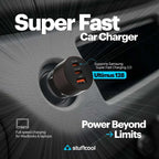 A black 3-port car charger plugged into a car cigarette lighter socket, with promotional text reading 'Super Fast Car Charger' and 'Ultimus 128' on a dark car interior background.