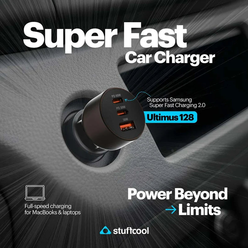 A black 3-port car charger plugged into a car cigarette lighter socket, with promotional text reading 'Super Fast Car Charger' and 'Ultimus 128' on a dark car interior background.