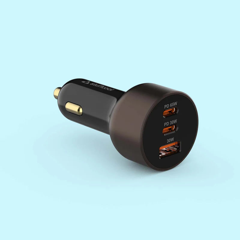 A 3-port car cigarette lighter charger with a dark brown body and gold accents, featuring USB-C PD 65W, USB-C PD 50W, and USB-A 30W ports, shown on a light blue background.