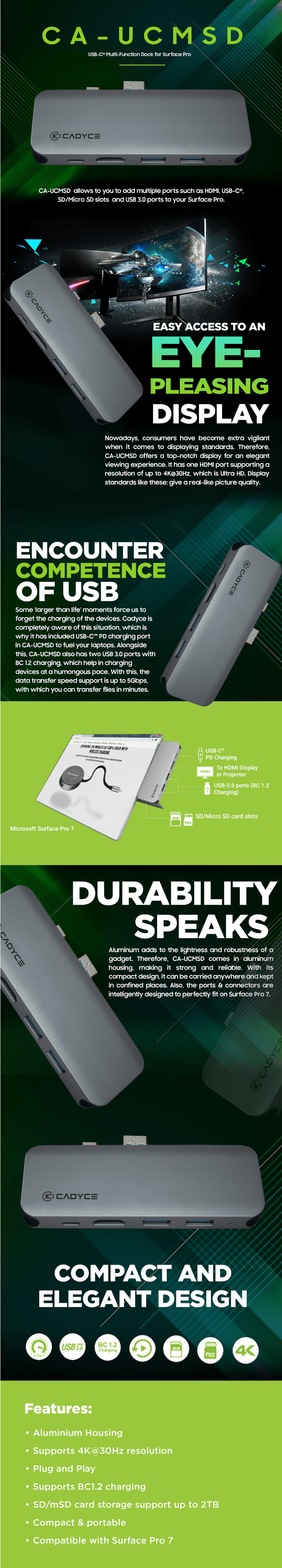 Cadyce CA-UCMSD USB‑C Multi‑Function Dock for Surface Pro shown in a minimalist design layout