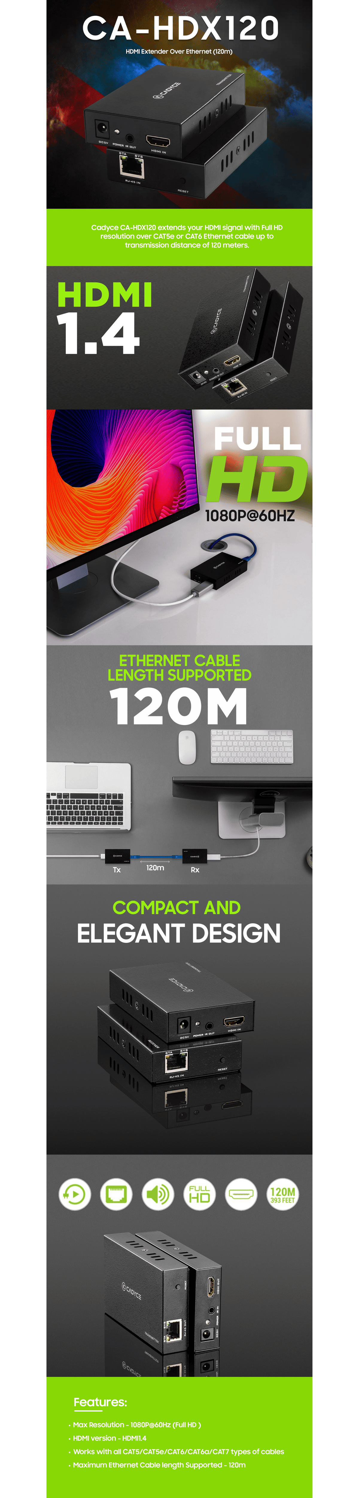 CADYCE HDMI Extender over Ethernet with IR (120 m) – untitled design view of the device