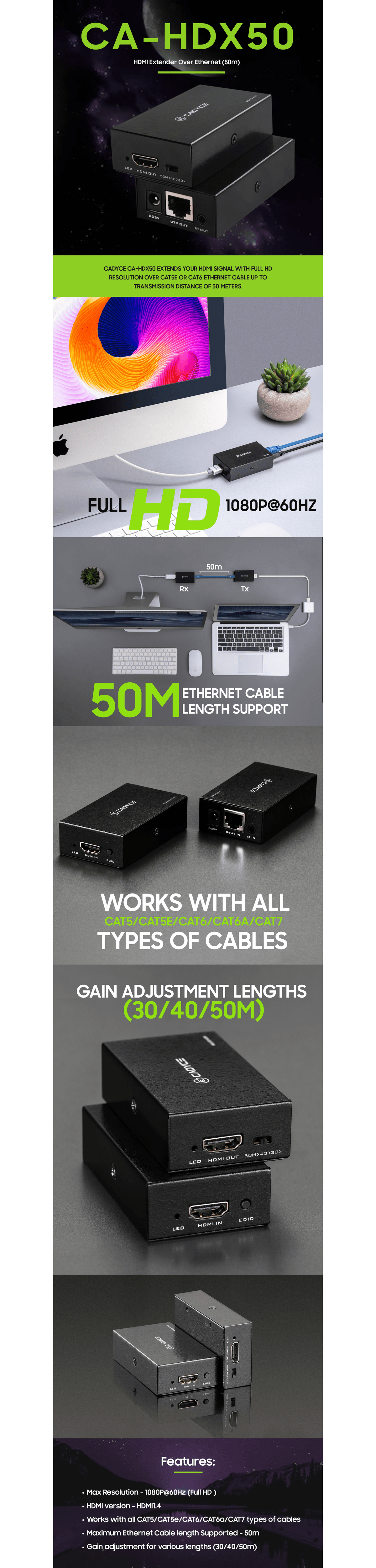 Cadyce CA-HDX50 HDMI Extender over Ethernet 50m displayed in sleek boxed design