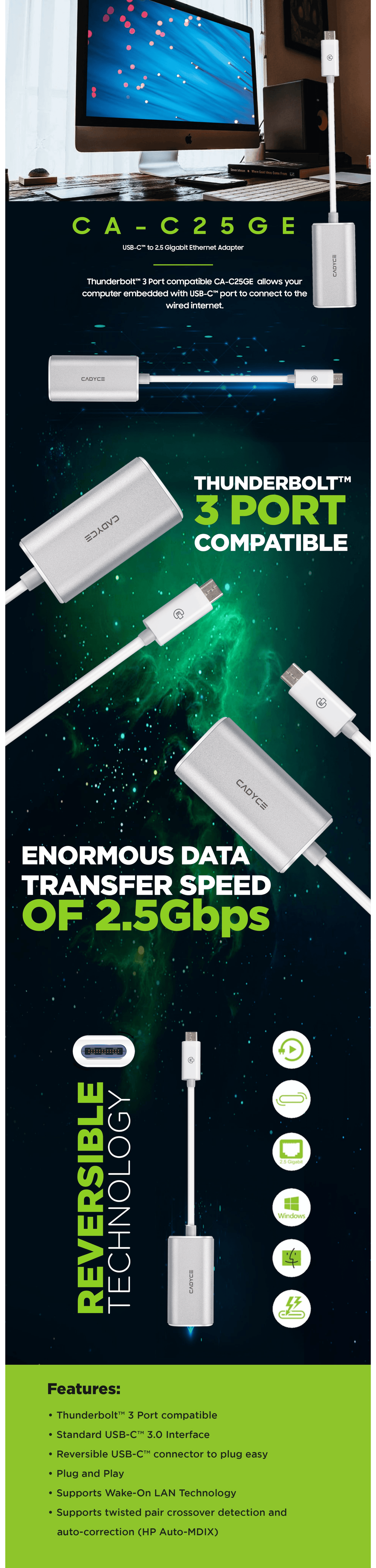 USB Type-C to 2.5Gbps gigabit Ethernet adapter, silver-gray metal housing