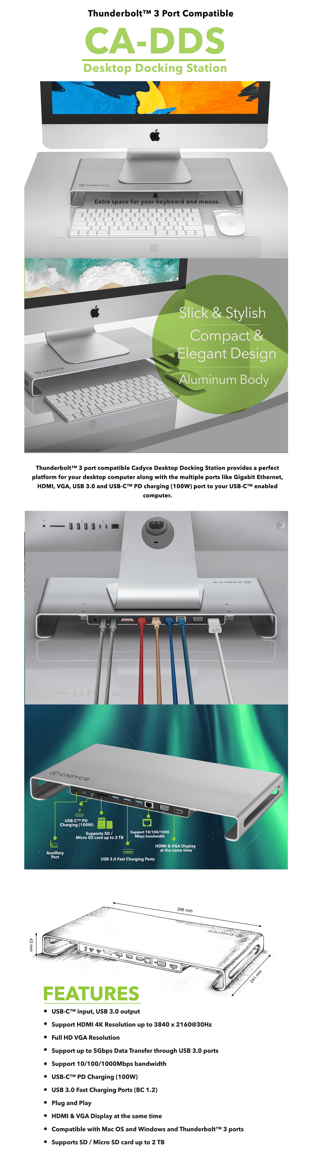Cadyce CA-DDS USB‑C Desktop Docking Station shown in a sleek silver design, front view