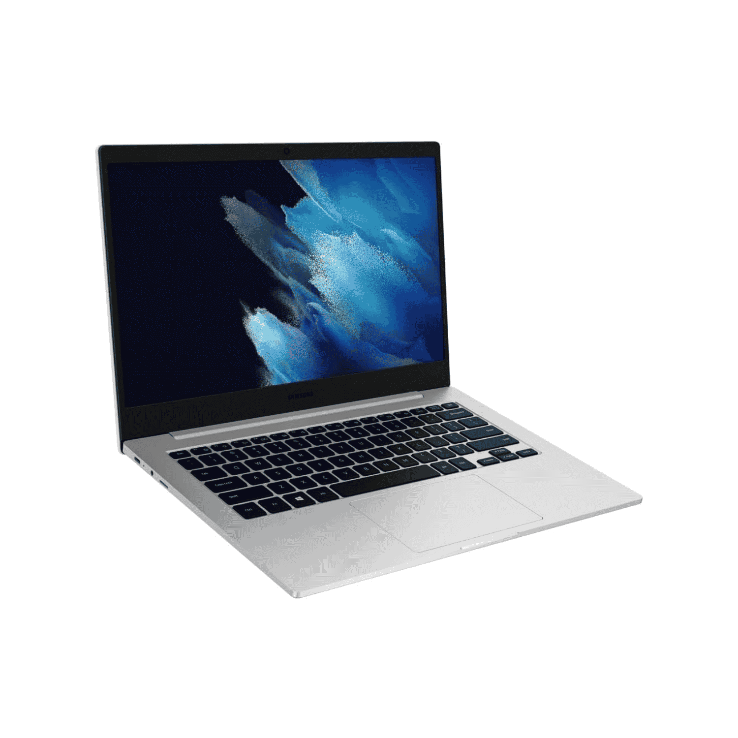 A silver aluminum laptop with a black keyboard and a blue abstract wallpaper on the screen, shown at an angle on a plain white background.