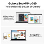 Promotional graphic for the Samsung Galaxy Book5 Pro 360, showing the laptop with various digital interfaces displayed on its screen alongside compatible devices like a smartphone, tablet, and smart glasses. Text highlights features such as 'Nearby Devices' and 'Storage Share'.