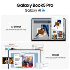 Promotional graphic for Galaxy Book5 Pro with Galaxy AI, showing a laptop and several app interface previews on a light gray background. Text highlights AI Select and Recall features.