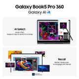 Promotional graphic for the Samsung Galaxy Book5 Pro 360 with Galaxy AI, showing a laptop with a stylus, a tablet, and a phone displaying colorful AI-powered editing interfaces and examples.