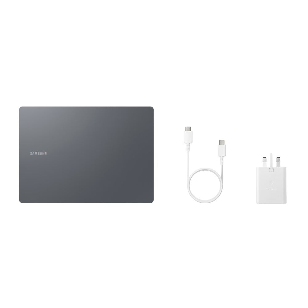 Samsung laptop with charger and cable on a white background