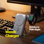 A silver wireless watch charger docked on a wooden desk next to a black keyboard, with a smartwatch attached. Text overlays read 'Your Watch Charger' and 'Hidden in Plain Sight'.