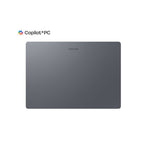 A Samsung Galaxy S20 Ultra laptop shown closed from the top side, featuring a dark gray metallic finish and the Samsung logo near the top center. The 'Copilot+PC' logo is visible in the upper left corner against a solid white background.