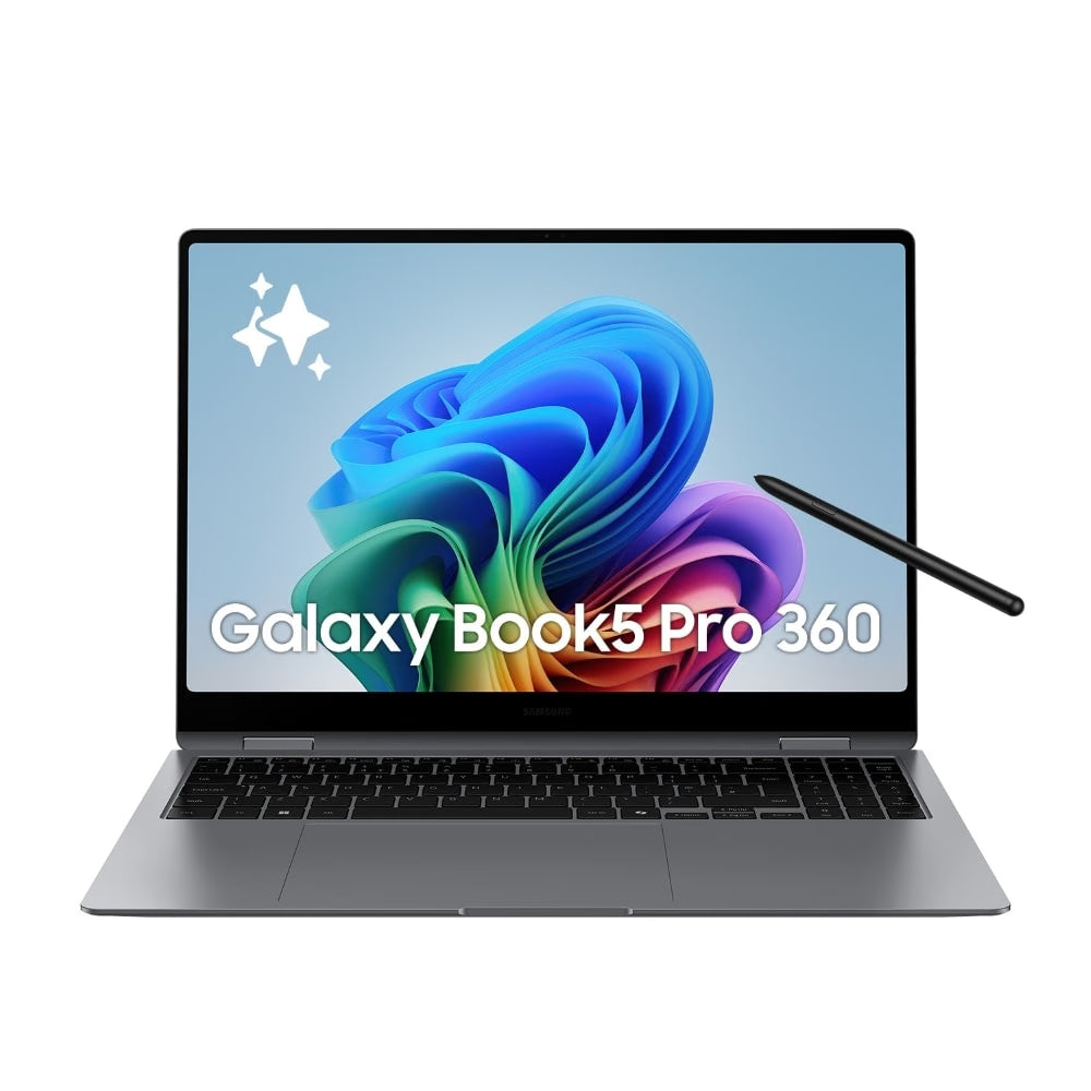 A Samsung Galaxy Book5 Pro 360 laptop in dark gray, shown open with its screen on and a black stylus resting on the right side of the display. The screen features the text 'Galaxy Book5 Pro 360' over a colorful abstract wallpaper.