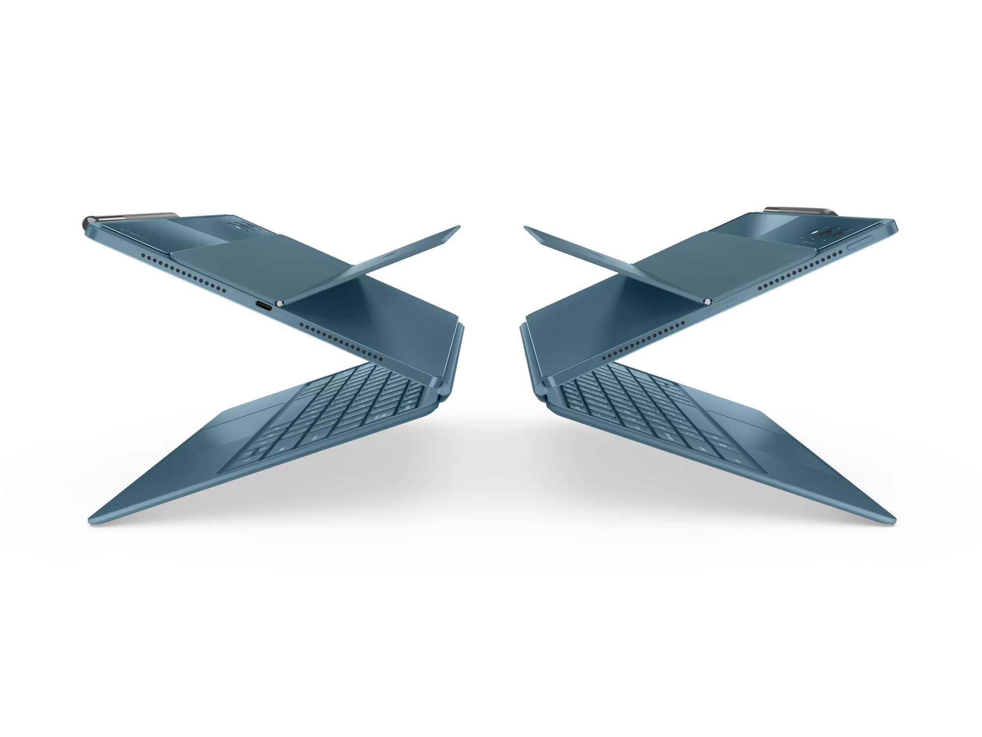 Two blue-gray convertible tablet devices shown open in a Z-like pose on a clean white background.