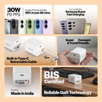 Zeno 30W GaN Wall Charger with USB-C Port & Built-in Retractable Type-C Cable