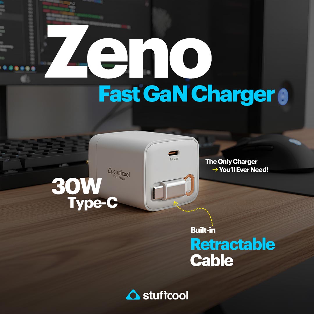 Zeno 30W GaN Wall Charger with USB-C Port & Built-in Retractable Type-C Cable