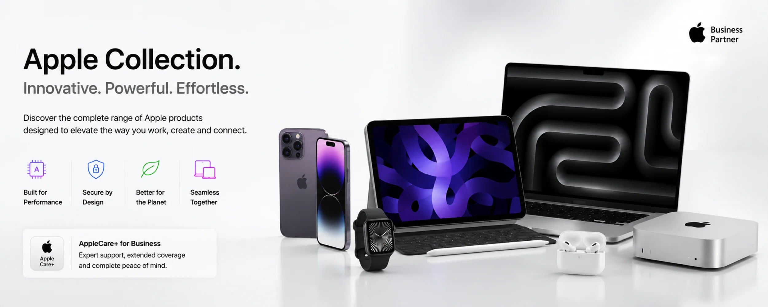 Collection of Apple products including a smartphone, tablet, and computer on a white background with Apple branding.