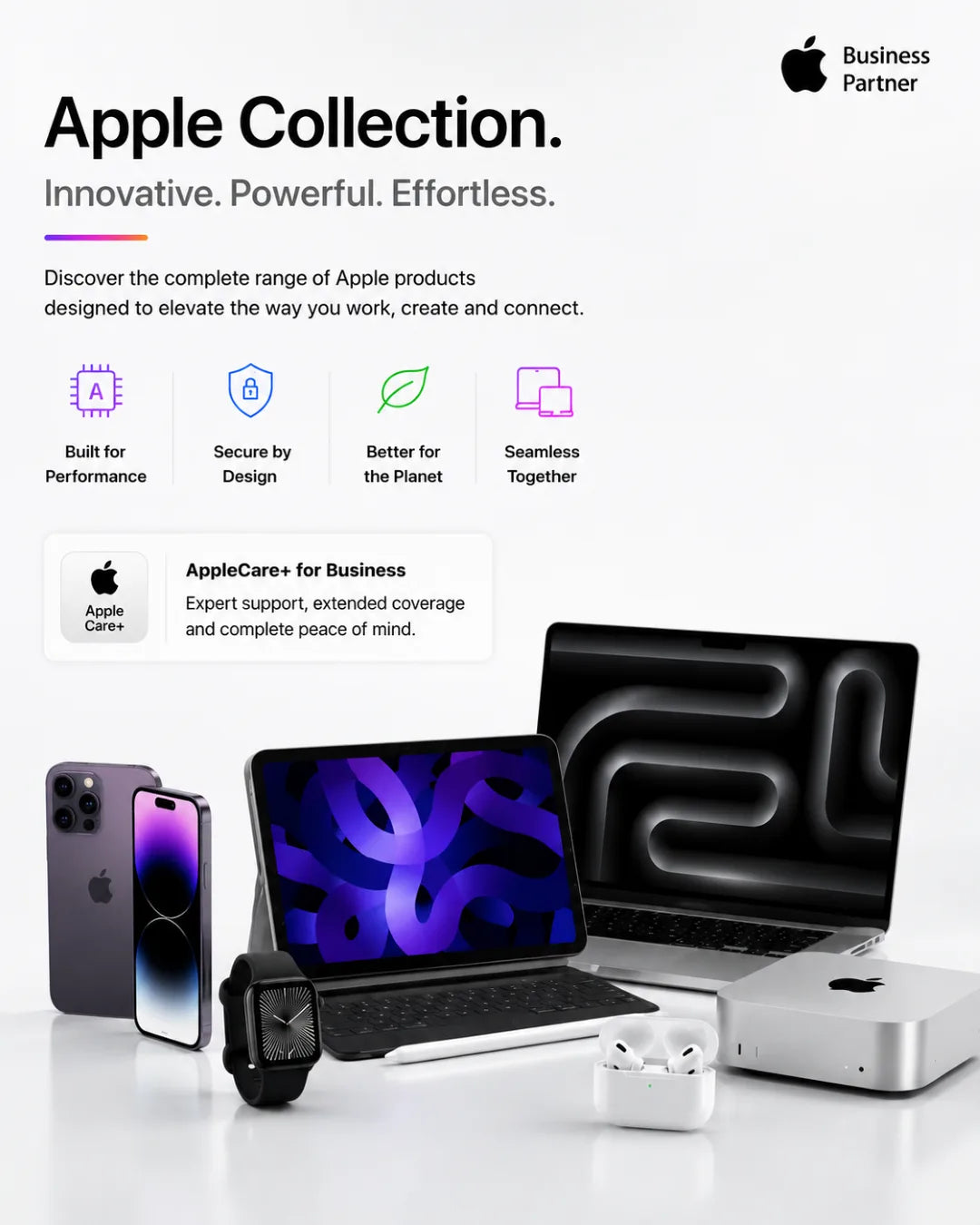 Promotional image of Apple products with a focus on technology and innovation.