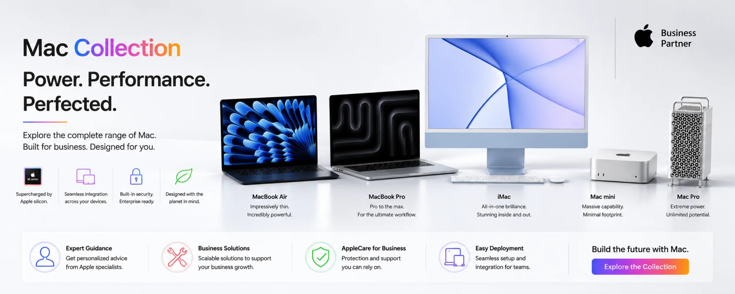 Mac Collection advertisement with laptops and monitor on a white background