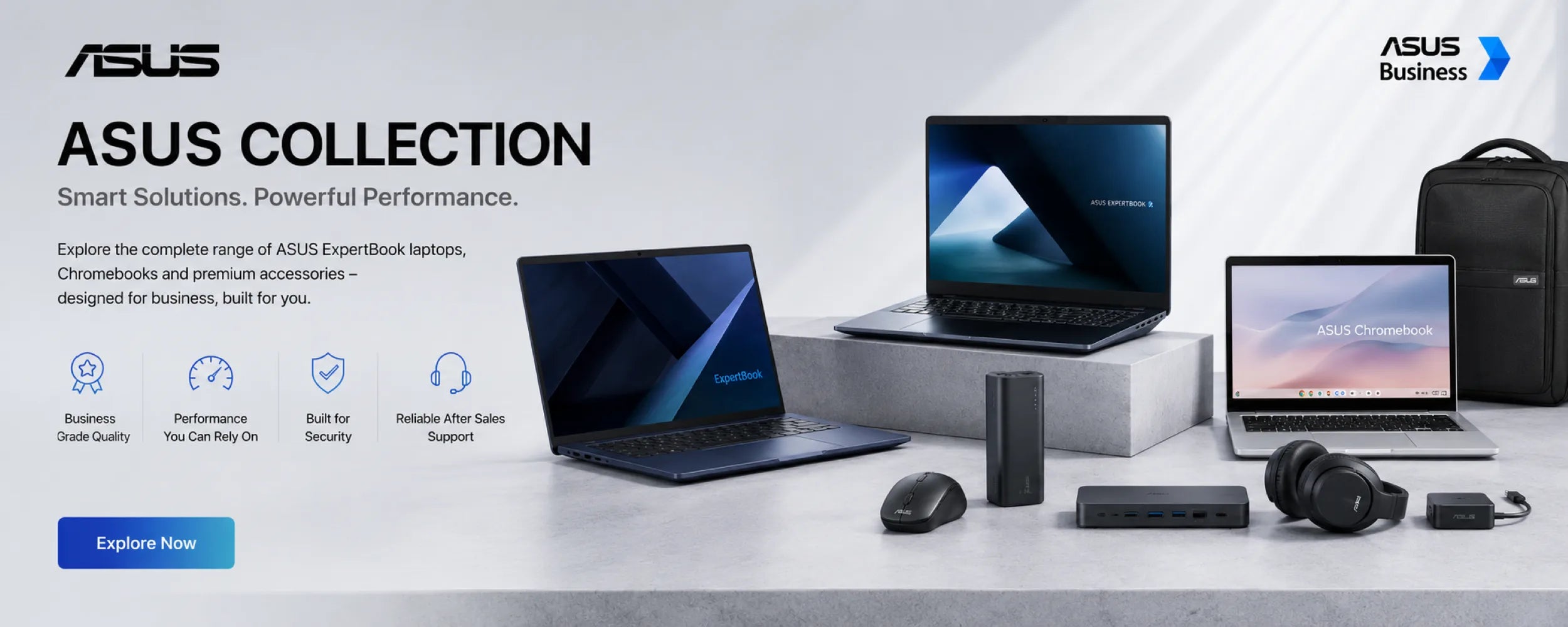 Asus collection of laptops, accessories, and a backpack on a white background
