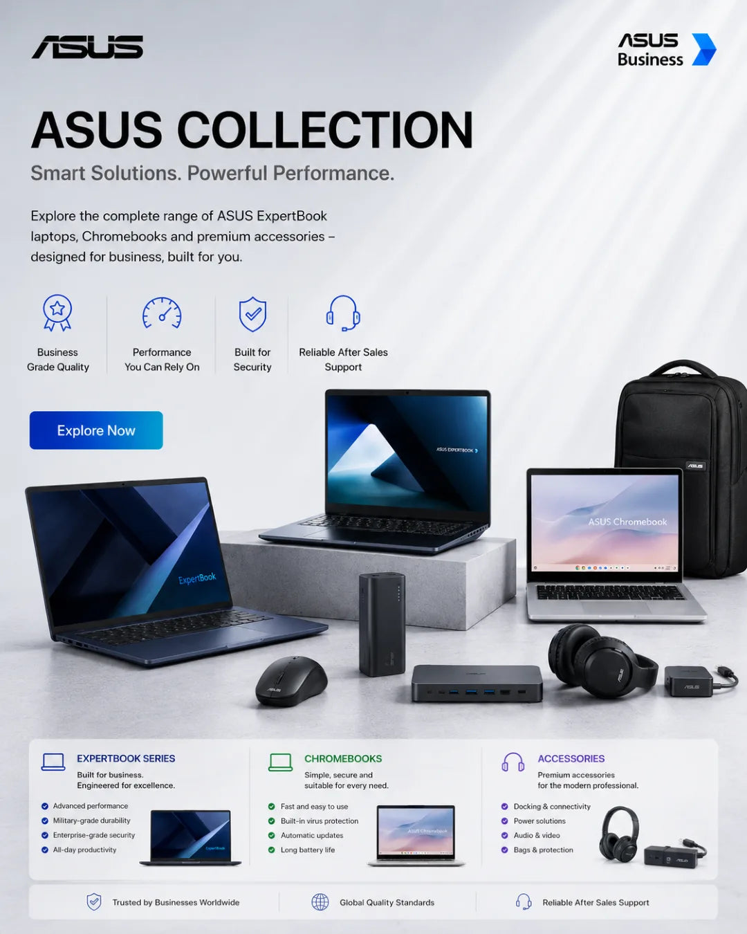 ASUS laptop and accessories on a white background with ASUS branding.