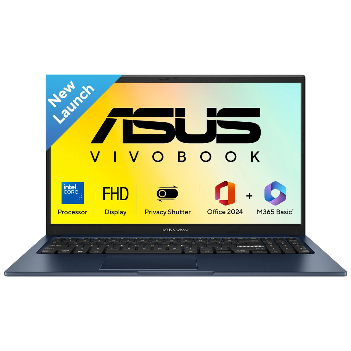 Asus VivoBook laptop with features displayed on the screen