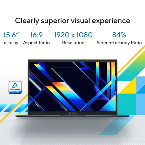 Laptop screen with display specifications on a white background