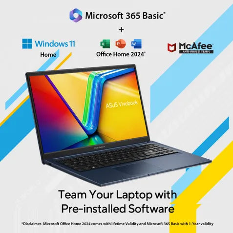 Promotional graphic for an ASUS Vivobook laptop bundle with Microsoft 365 Basic and pre-installed Windows 11, Office Home 2024, and McAfee software. The dark gray laptop is shown open with its screen displaying a colorful wallpaper, set against a white background with blue and yellow graphic accents.