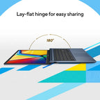 Laptop with a tablet attached, showing a lay-flat hinge feature on a colorful geometric background.