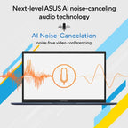 Laptop with sound wave graphics on screen, promoting ASUS AI noise-canceling audio technology.