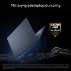 A dark gray ASUS laptop shown open at an angle against a black background with dramatic lighting, rocks at the bottom, and the headline 'Military-grade laptop durability.' A gold badge on the right reads 'US Military Grade MIL-STD 810H Multiple Tests Passed.