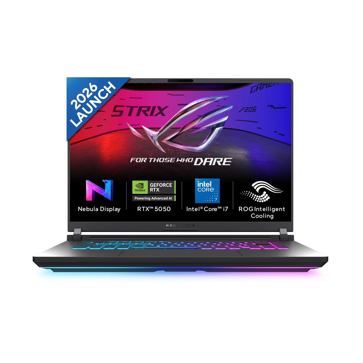 A ROG Strix gaming laptop shown open on a white background, featuring a black chassis with RGB backlighting on the keyboard and a colorful screen displaying promotional graphics and tech badges.